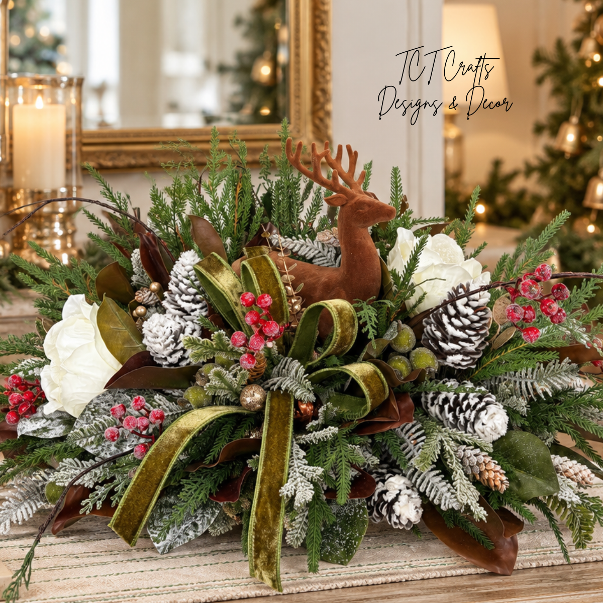 Designer Deer Winter Arrangement | Lodge Cabin Woodlands Decor | 32"Lx16"H-2208 TCT Crafts Designs & Decor
