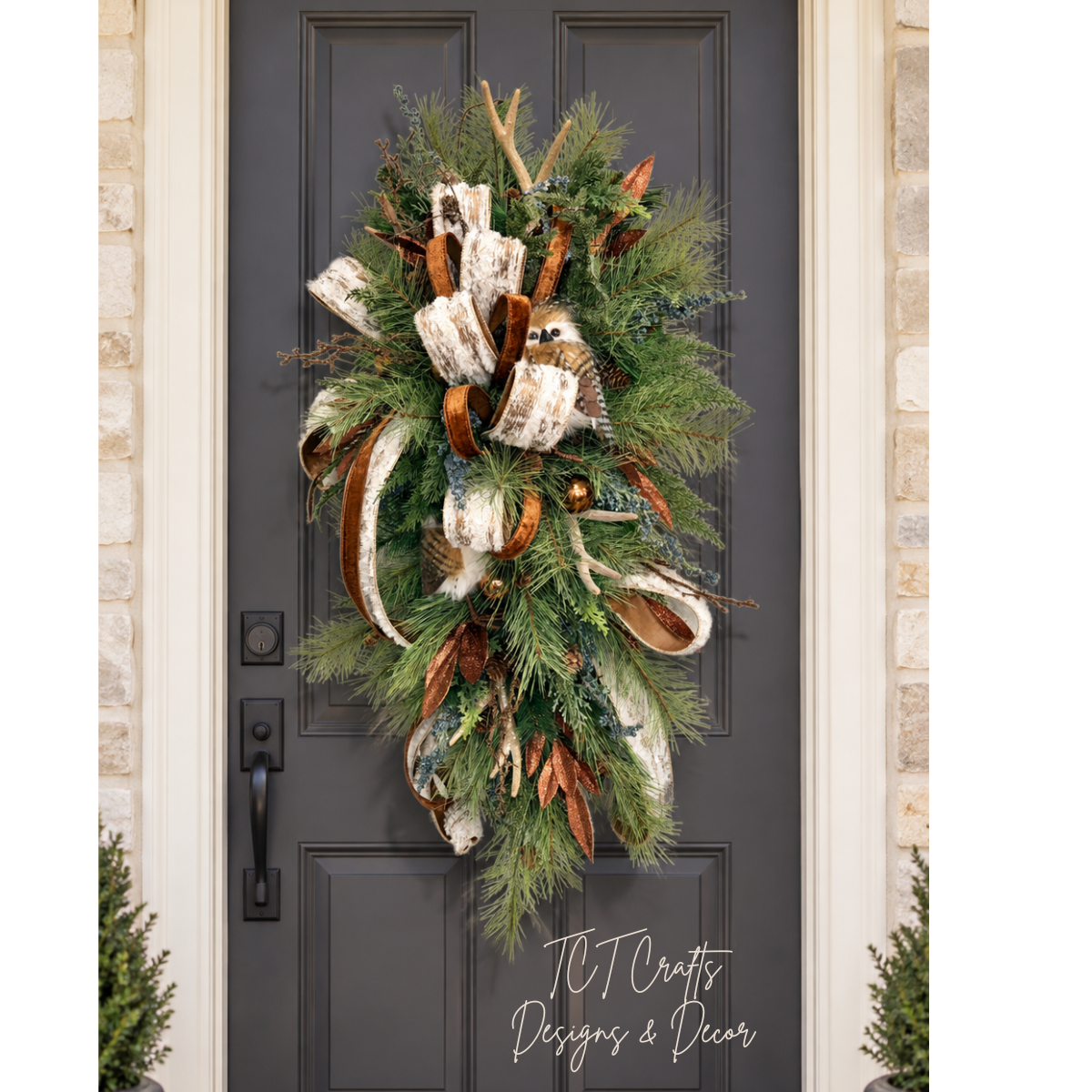 Woodlands Owl & Antler Christmas Door Swag with Southern Pine and Velvet Ribbon-2212 TCT Crafts