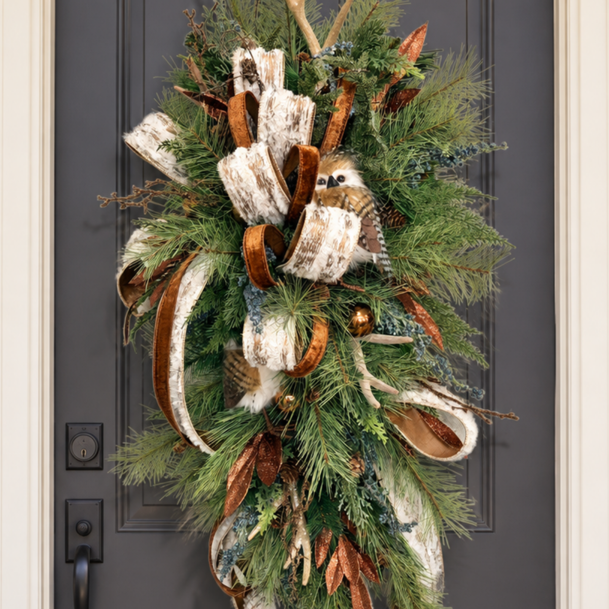 Woodlands Owl & Antler Christmas Door Swag with Southern Pine and Velvet Ribbon-2212 TCT Crafts