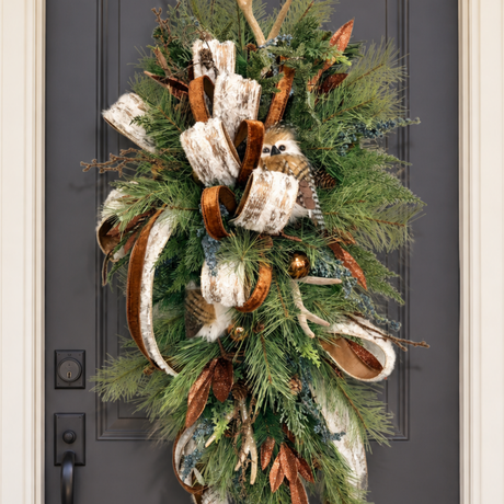 Woodlands Owl & Antler Christmas Door Swag with Southern Pine and Velvet Ribbon-2212 TCT Crafts