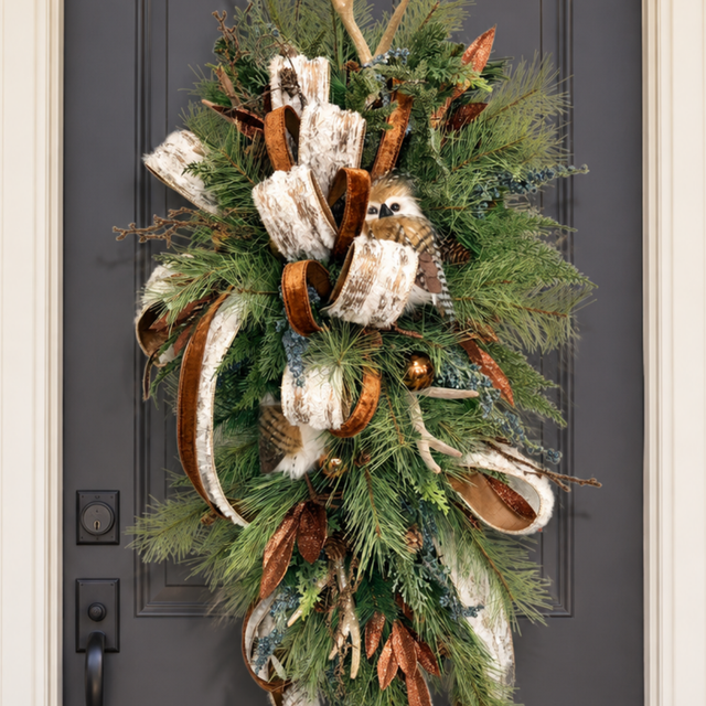 Woodlands Owl & Antler Christmas Door Swag with Southern Pine and Velvet Ribbon-2212 TCT Crafts