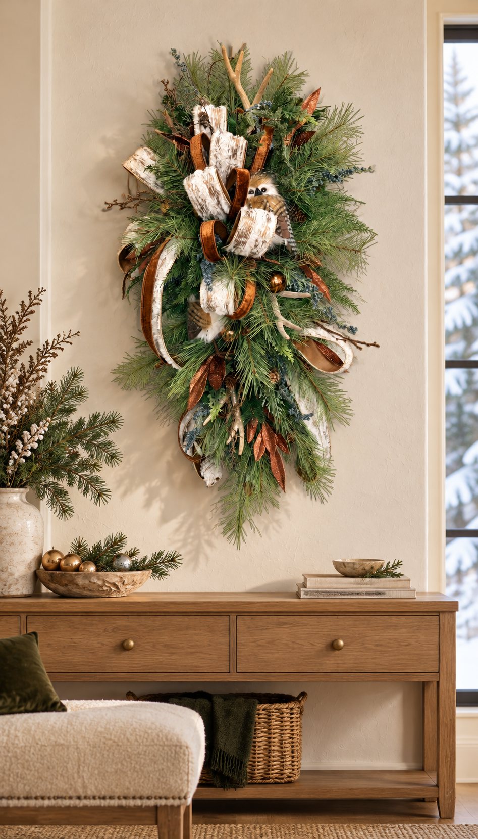 Woodlands Owl & Antler Christmas Door Swag with Southern Pine and Velvet Ribbon-2212 TCT Crafts