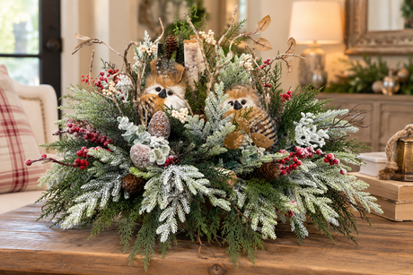 Woodlands Owl Centerpiece | Snowy Pine Birch Christmas Arrangement | 27"Lx16"H-2199 TCT Crafts Designs & Decor