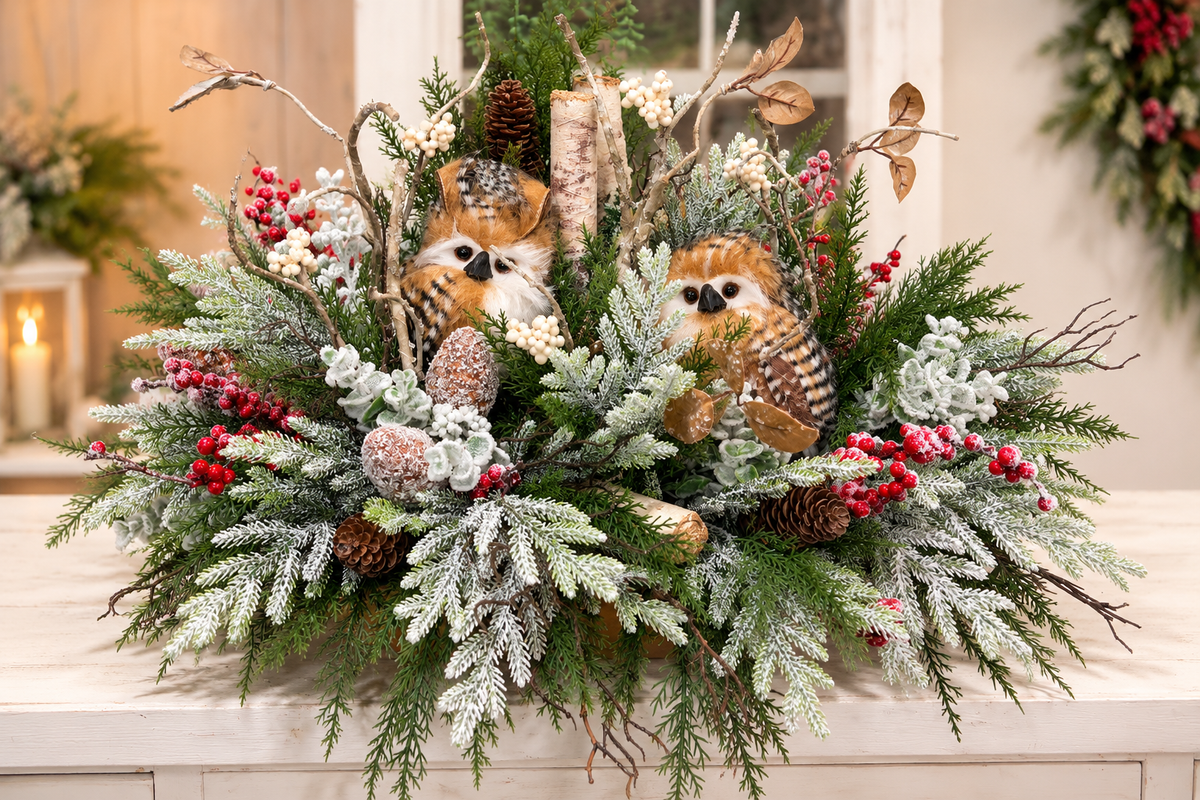Woodlands Owl Centerpiece | Snowy Pine Birch Christmas Arrangement | 27"Lx16"H-2199 TCT Crafts Designs & Decor