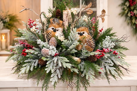 Woodlands Owl Centerpiece | Snowy Pine Birch Christmas Arrangement | 27"Lx16"H-2199 TCT Crafts Designs & Decor