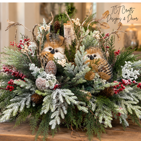 Woodlands Owl Centerpiece | Snowy Pine Birch Christmas Arrangement | 27"Lx16"H-2199 TCT Crafts Designs & Decor