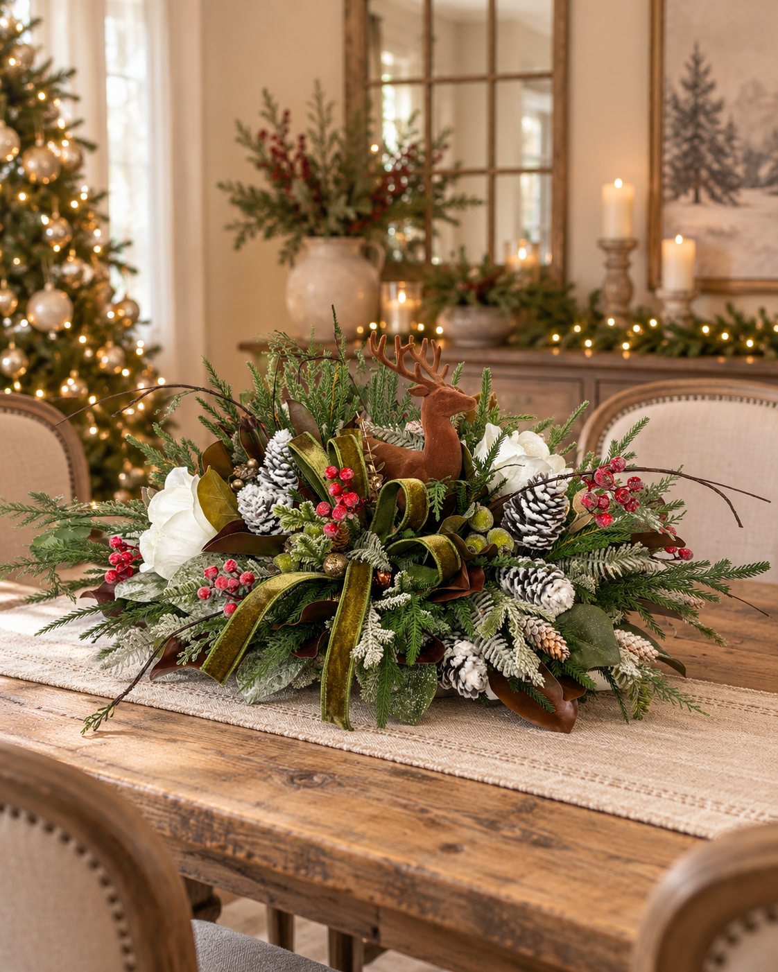 Designer Deer Winter Arrangement | Lodge Cabin Woodlands Decor | 32"Lx16"H-2208 TCT Crafts Designs & Decor