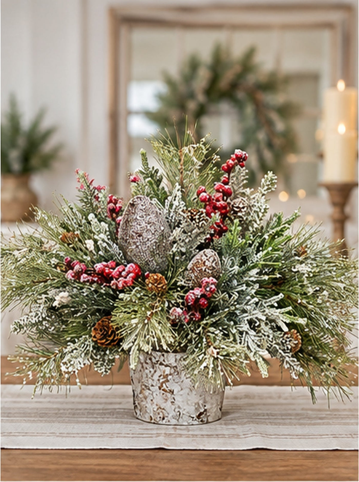Woodlands Christmas Arrangement | Birch Bark Frosted Pine Pinecone | 19"x15"H-2198 TCT Crafts Designs & Decor