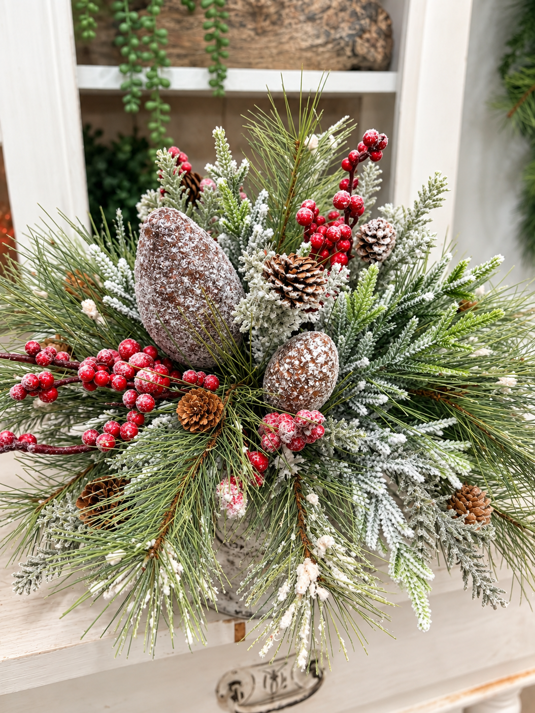 Woodlands Christmas Arrangement | Birch Bark Frosted Pine Pinecone | 19"x15"H-2198 TCT Crafts Designs & Decor