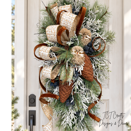 Woodlands Owl Winter Swag | Snowy Pine Front Door Decor | 42"Lx22"Wx16"D-2203 TCT Crafts Designs & Decor