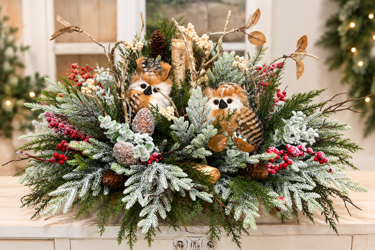 Woodlands Owl Centerpiece | Snowy Pine Birch Christmas Arrangement | 27"Lx16"H-2199 TCT Crafts Designs & Decor