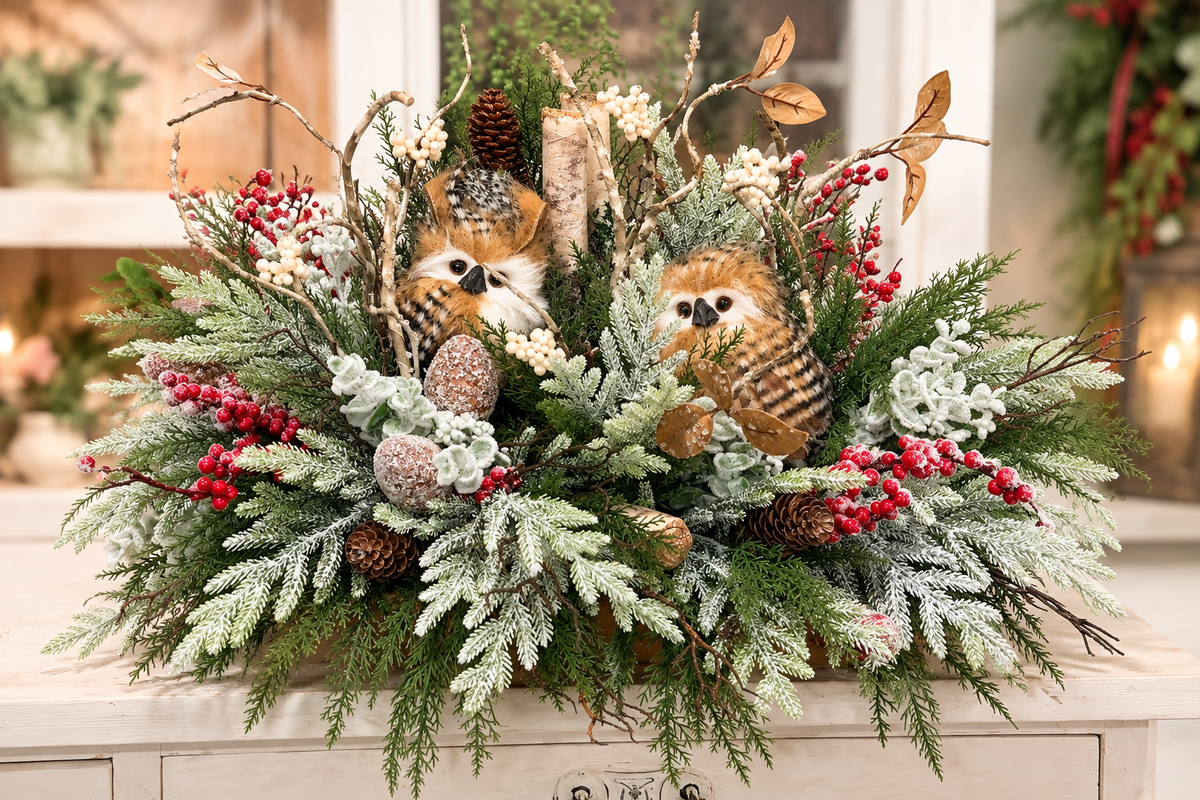 Woodlands Owl Centerpiece | Snowy Pine Birch Christmas Arrangement | 27"Lx16"H-2199 TCT Crafts Designs & Decor