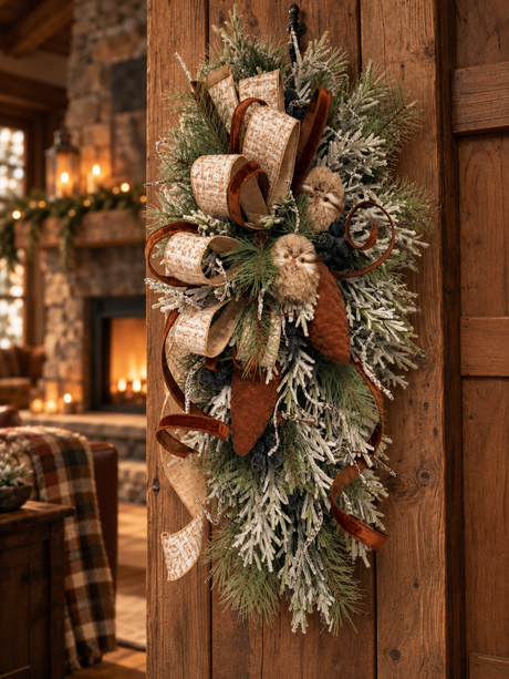 Woodlands Owl Winter Swag | Snowy Pine Front Door Decor | 42"Lx22"Wx16"D-2203 TCT Crafts Designs & Decor