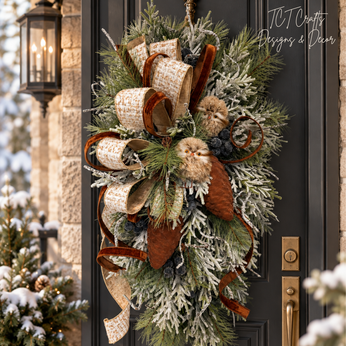 Woodlands Owl Winter Swag | Snowy Pine Front Door Decor | 42"Lx22"Wx16"D-2203 TCT Crafts Designs & Decor