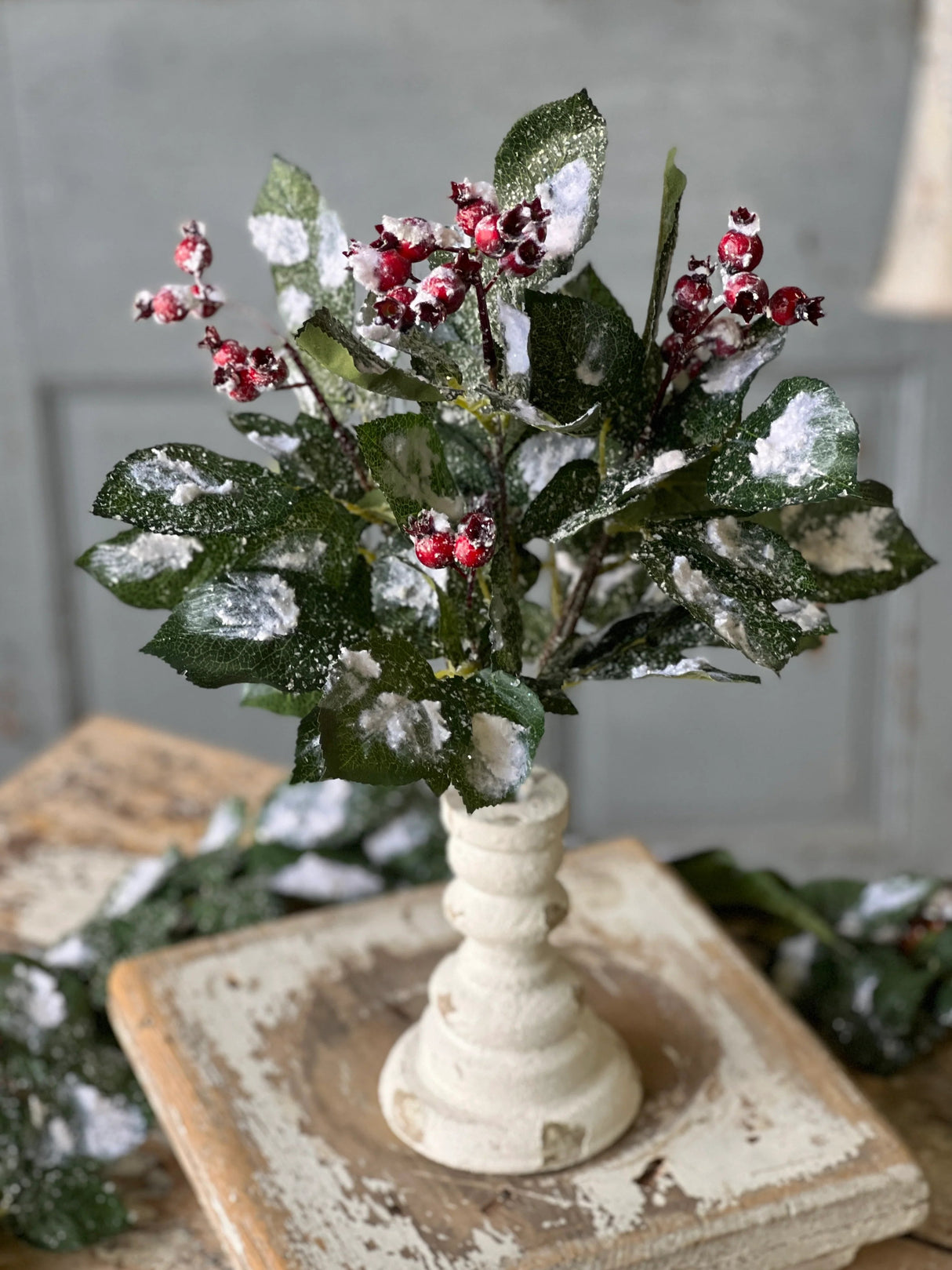 Wintry Salutations Snowy Christmas Greenery Bush with Red Berries — XDC1004 Lancaster & Vintage