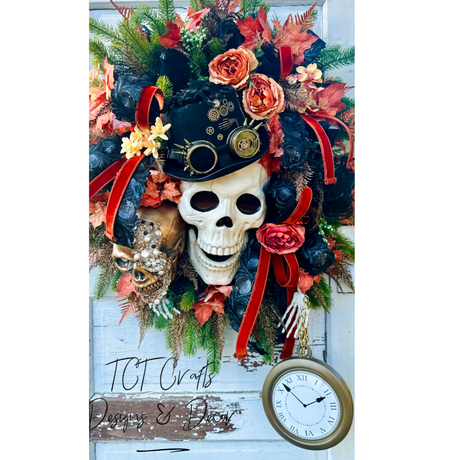 XL Steampunk Halloween Wreath with Skulls, Crows, Clock & Velvet Ribbon – Gothic Fall Door Decor TCT Crafts