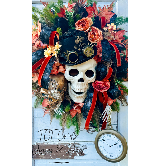 XL Steampunk Halloween Wreath with Skulls, Crows, Clock & Velvet Ribbon – Gothic Fall Door Decor TCT Crafts
