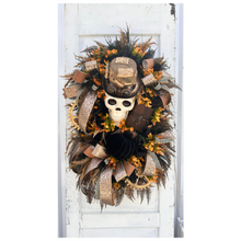 Load image into Gallery viewer, Oversized Steampunk Skull Wreath | XL Halloween and Fall Decor | Animated Skull with Top Hat, Faux Leather Journal, and Wooden Gears