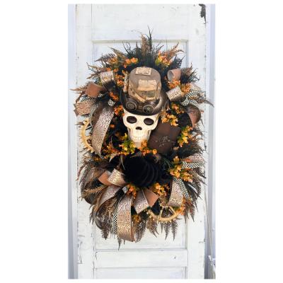 Oversized Steampunk Skull Wreath | XL Halloween and Fall Decor | Animated Skull with Top Hat, Faux Leather Journal, and Wooden Gears