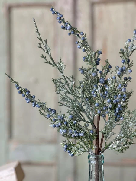 Icy Blue Juniper Pick | Glittered Winter Greenery Stem | 16" Holiday Floral Pick-XM91568 Lancaster & Vintage
