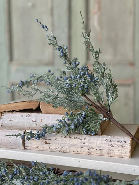 Icy Blue Juniper Pick | Glittered Winter Greenery Stem | 16" Holiday Floral Pick-XM91568 Lancaster & Vintage