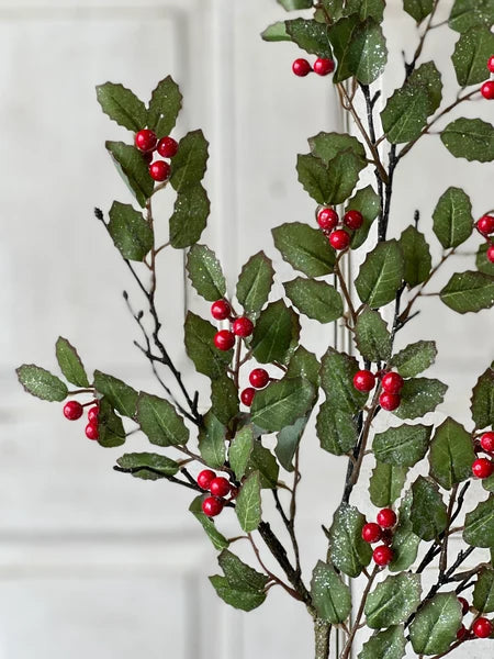 Holly Spray with Red Berries | Glittered Christmas Greenery Stem | 30" Holiday Spray-XND2001 Lancaster & Vintage