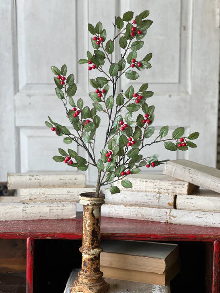 Holly Spray with Red Berries | Glittered Christmas Greenery Stem | 30" Holiday Spray-XND2001 Lancaster & Vintage