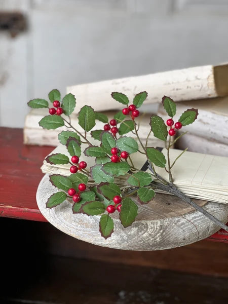 Holly Pick with Red Berries | Glittered Christmas Greenery Stem | 14" Holiday Pick-XND2002 Lancaster & Vintage