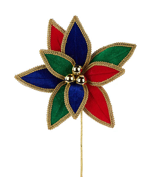14" Velvet Poinsettia Pick in Red, Emerald, Blue & Gold-XS4185A2 Craig Bachman