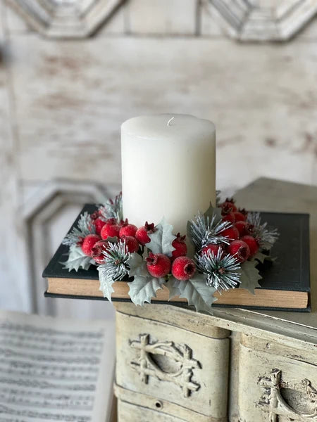 Winter Sugar Plum Christmas Candle Ring — 8 Inch Sugared Red Berry Holiday Accent-XY5381 Lancaster & Vintage