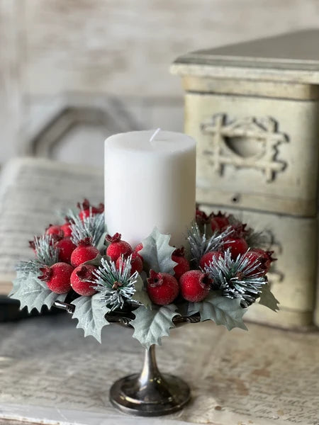 Winter Sugar Plum Christmas Candle Ring — 8 Inch Sugared Red Berry Holiday Accent-XY5381 Lancaster & Vintage