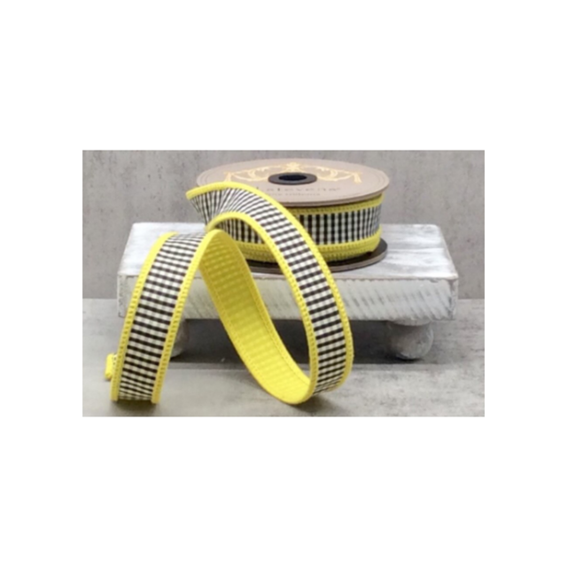 D. Stevens Yellow Black Mini Check Wired Ribbon | 1 Inch Faux Dupion-87-1639 D.Stevens