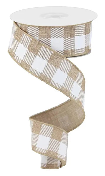 1.5" Light Tan White Striped Check Wired Ribbon-RG01799JW Craig Bachman