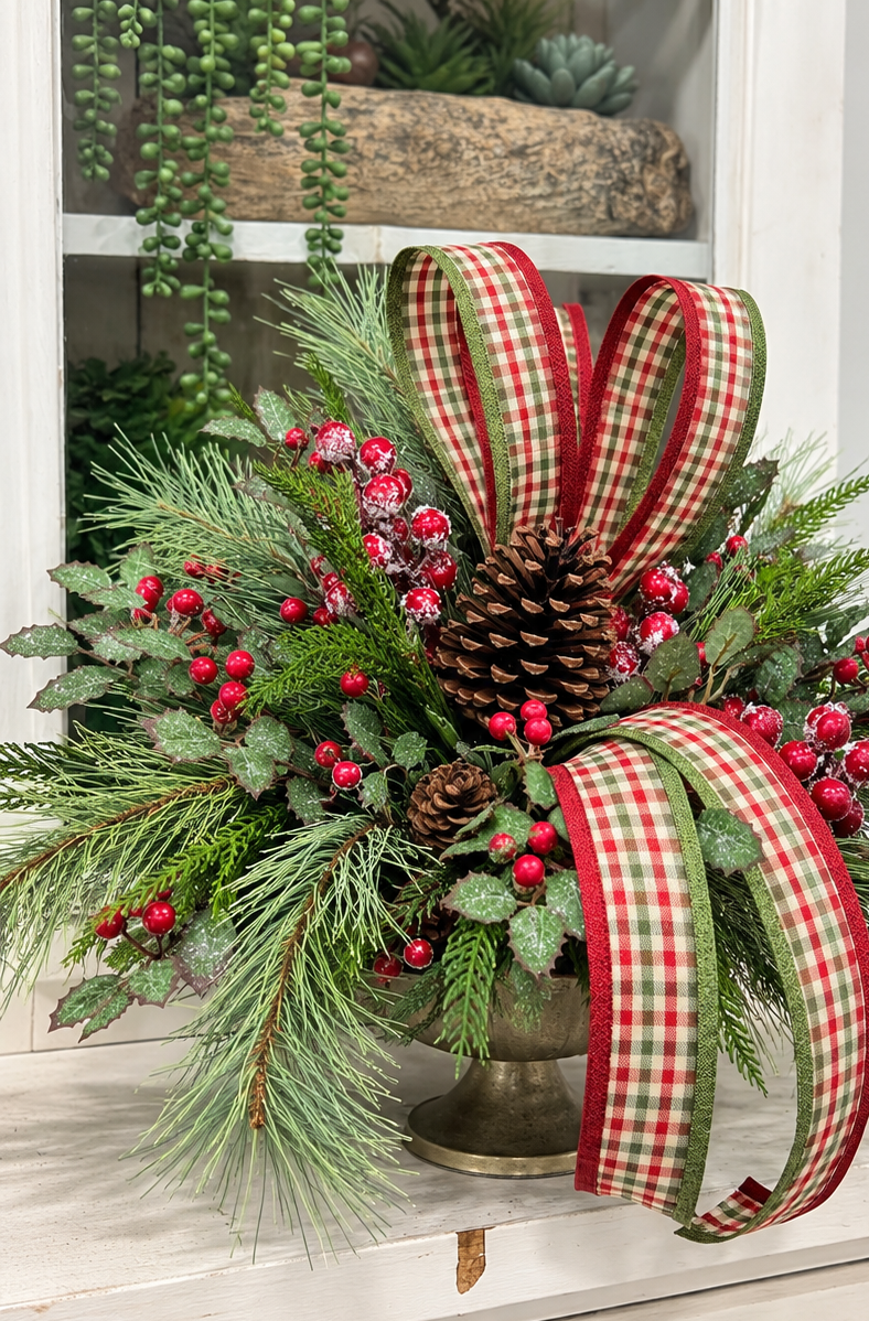 Traditional Holly Pine Christmas Arrangement in Gold Compote TCT Crafts
