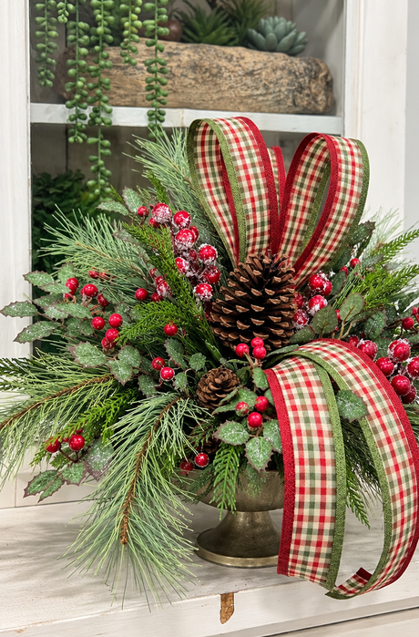 Traditional Holly Pine Christmas Arrangement in Gold Compote TCT Crafts