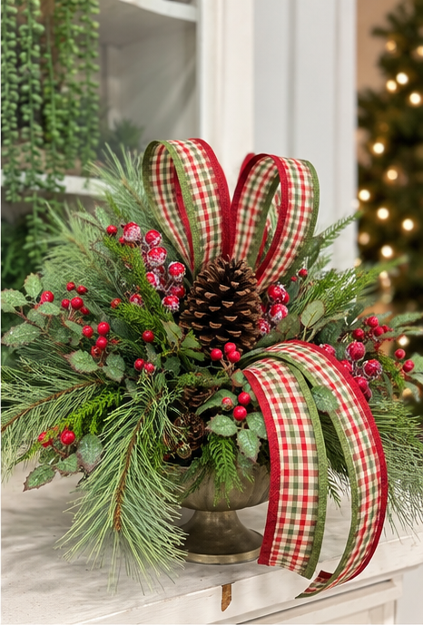 Traditional Holly Pine Christmas Arrangement in Gold Compote TCT Crafts