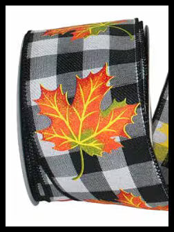 Fall Maple Leaf Ribbon 2.5 Inch x 10 Yard Black White Check Wired Ribbon TCTCrafts