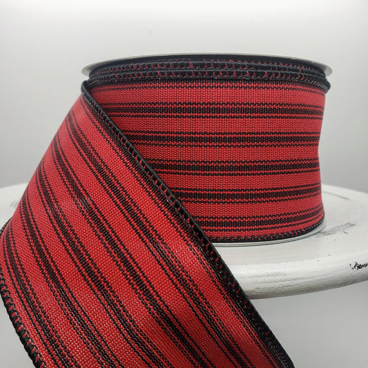 2.5"x10YD Ticking Stripe Wired Ribbon Red/Black for Wreath Making and Crafts RG Ribbon