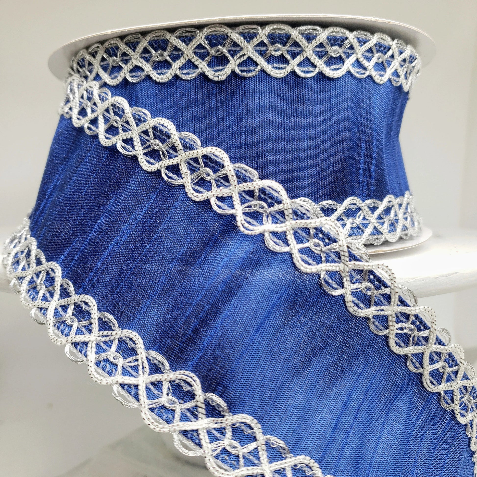 Royal Blue and Silver Faux Dupioni Wired Ribbon with Metallic Trim - 2.5 inches x 10 yards-RD190163 TCT Crafts