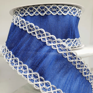 Royal Blue and Silver Faux Dupioni Wired Ribbon with Metallic Trim - 2.5 inches x 10 yards-RD190163