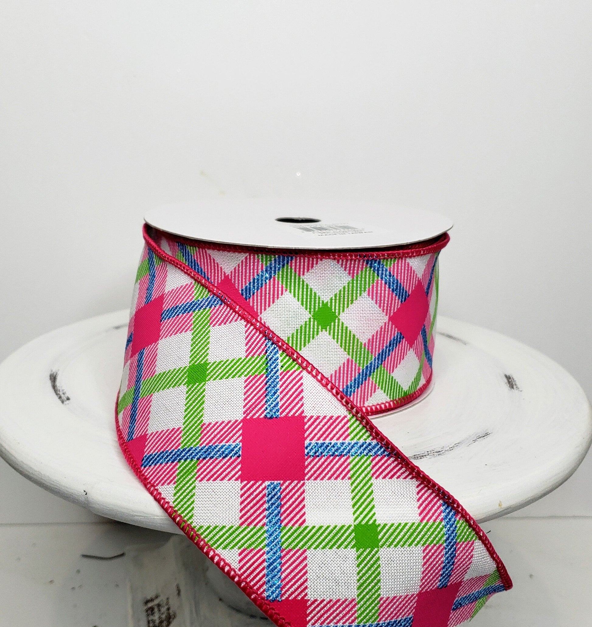 Vibrant Easter & Spring Plaid Wired Ribbon - White/Lime/Hot Pink/Blue - 2.5"x10YD (RGA143327) RG Ribbon