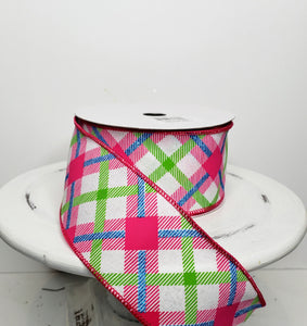 Vibrant Easter & Spring Plaid Wired Ribbon - White/Lime/Hot Pink/Blue - 2.5"x10YD (RGA143327)