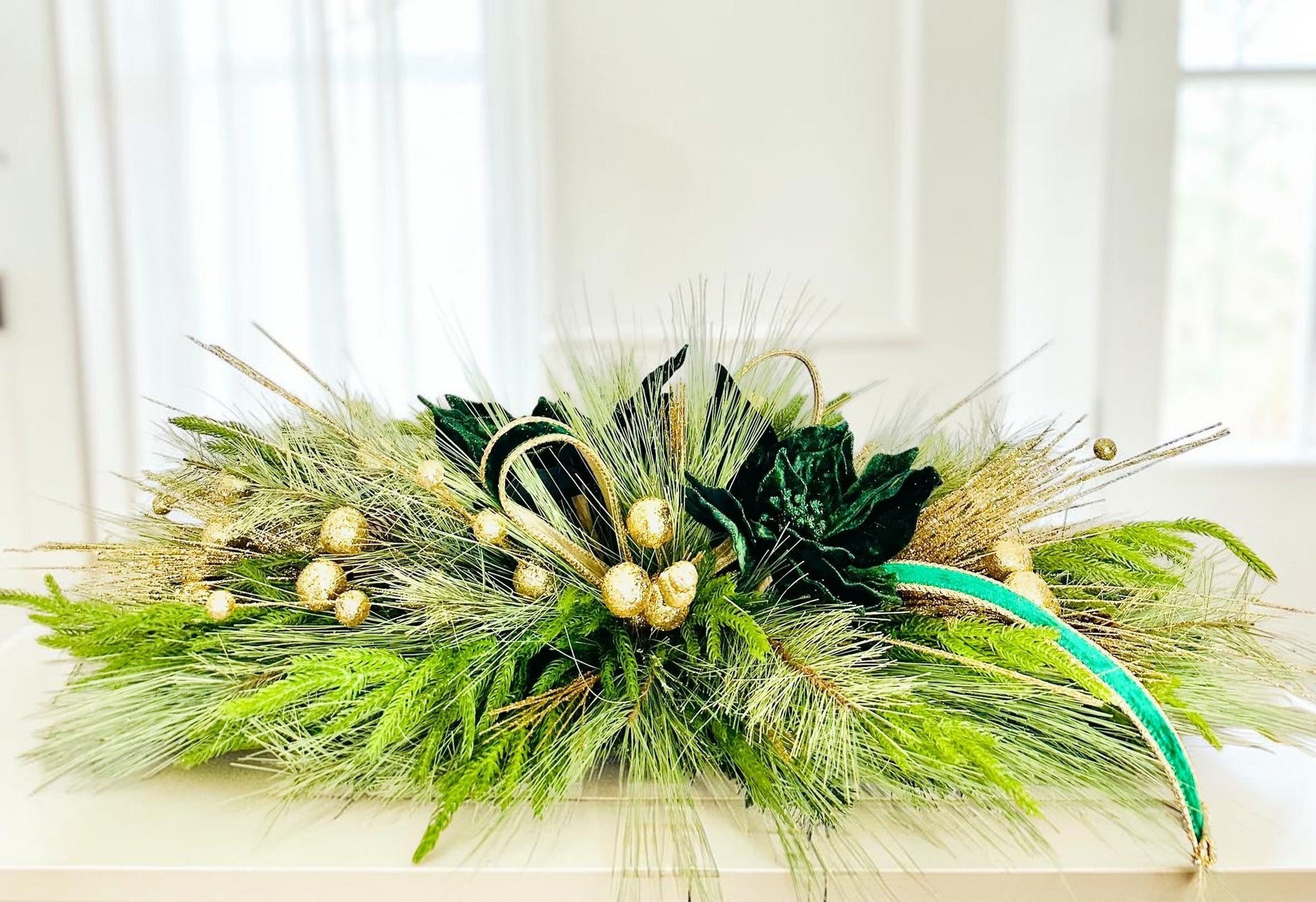 Elegant Emerald Green and Gold Holiday Centerpiece or Door Swag – Christmas Table Decoration, Mantelpiece, Mirror, or Front Door Display TCT Crafts