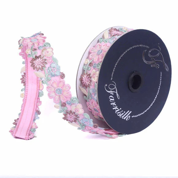 Farrisilk Pastel Floral Wired Ribbon 1 Inch Multicolor Petals-SR164-32 Farrisilk