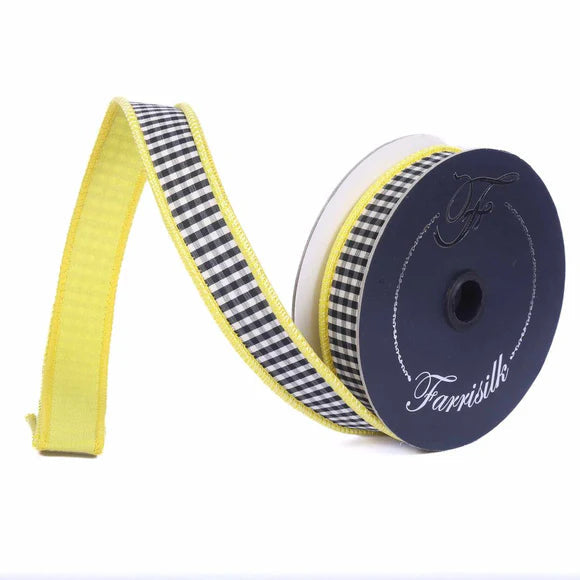 Farrisilk Yellow Black Check Wired Ribbon 1 Inch Colorblock-SR168-46 Farrisilk