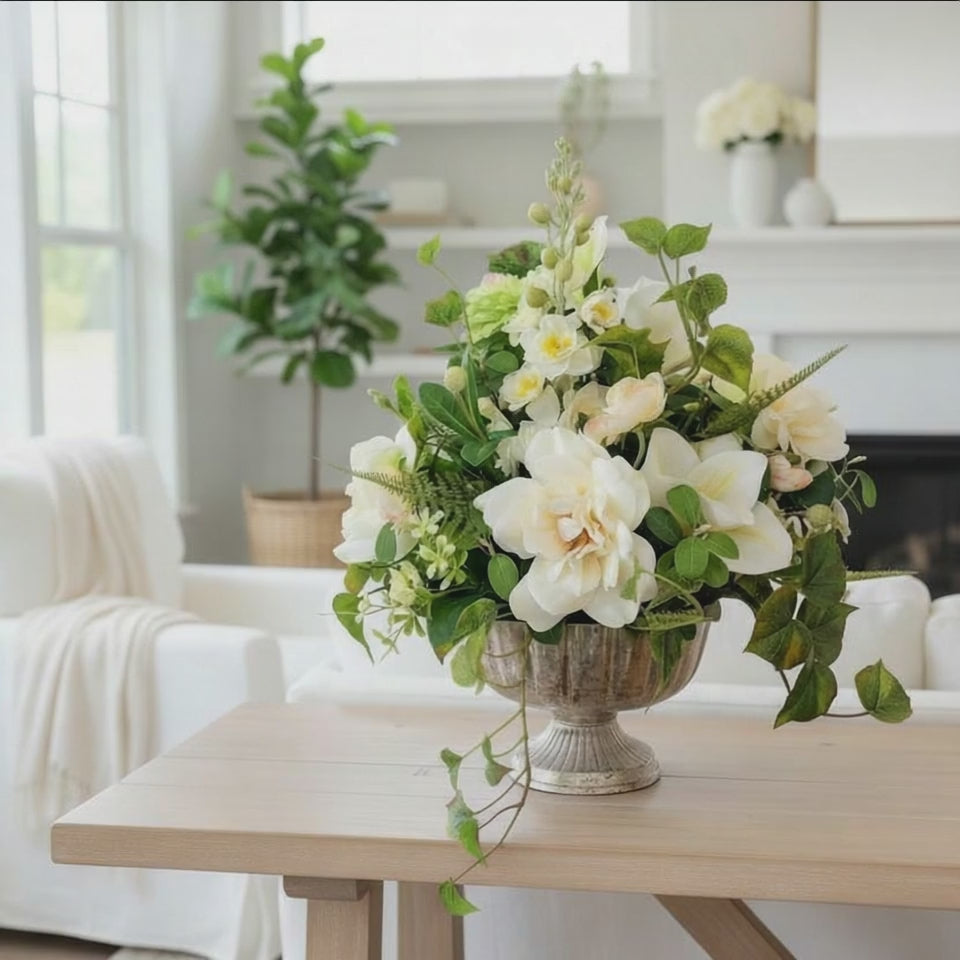 Neutral Cream Green Rose Arrangement in Silver Compote for Elegant Decor