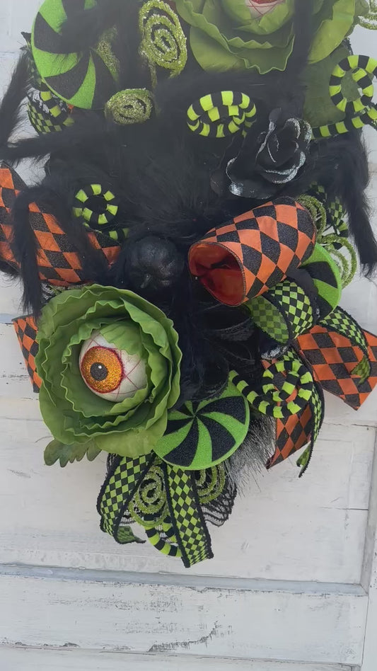 Fun and Whimsical Eyeball Halloween Swag | 32"x18" Decor with Fuzzy Spider, Eyeball Sprays, and Harlequin Ribbon