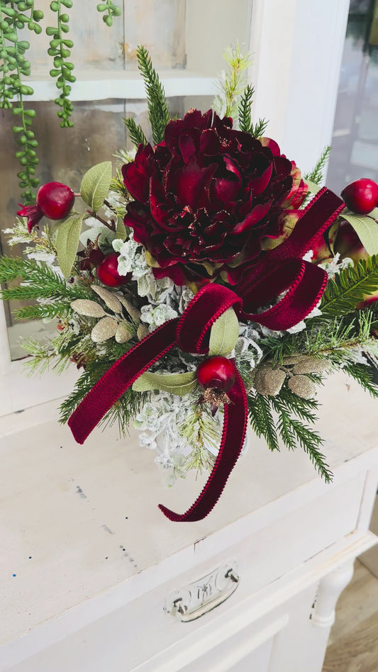 Burgundy Peony Christmas Arrangement | Velvet Ribbon Holiday Floral Centerpiece