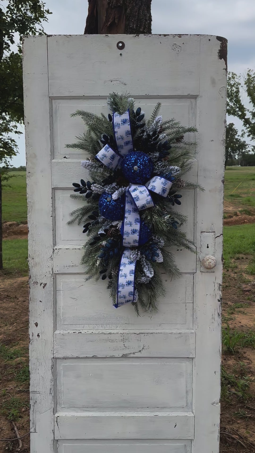 Elegant Blue & White Winter Wonderland Swag with Sequin Ornaments, 36x25 Holiday Door Decor by TCT Crafts
