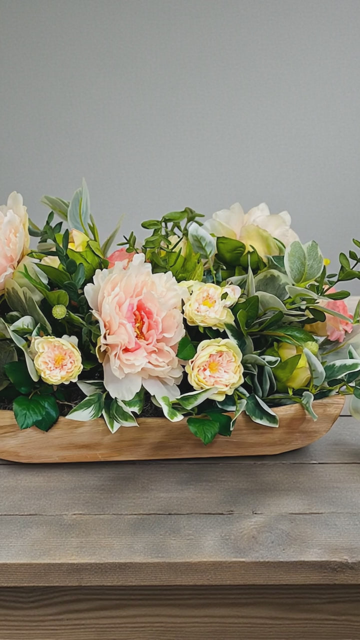 Soft Spring Garden Centerpiece with Peonies in Wooden Tray